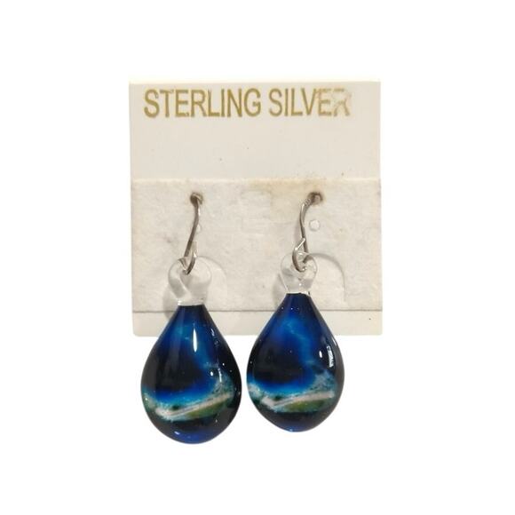 Sterling Silver 925 Ocean Beach Dangle Drop Earrings Blue Fused Glass Hook - Picture 1 of 9